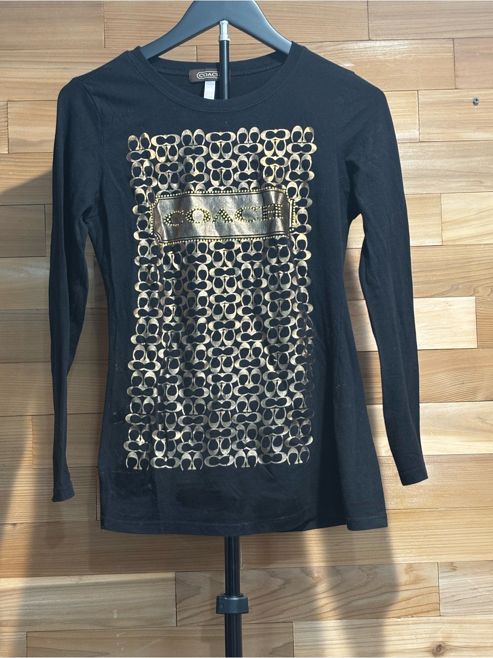 Coach Black Long Sleeve Tee with Gold Logo Panel